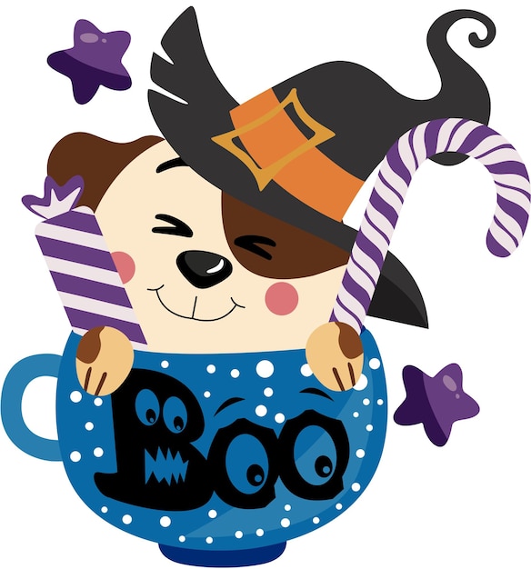 Cup halloween treats or tricks with cute dog