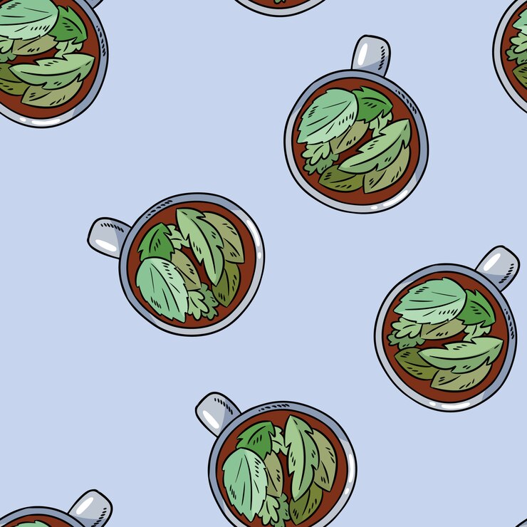Vector cup of herbal tea. hand drawn cute cartoon seamless pattern. 