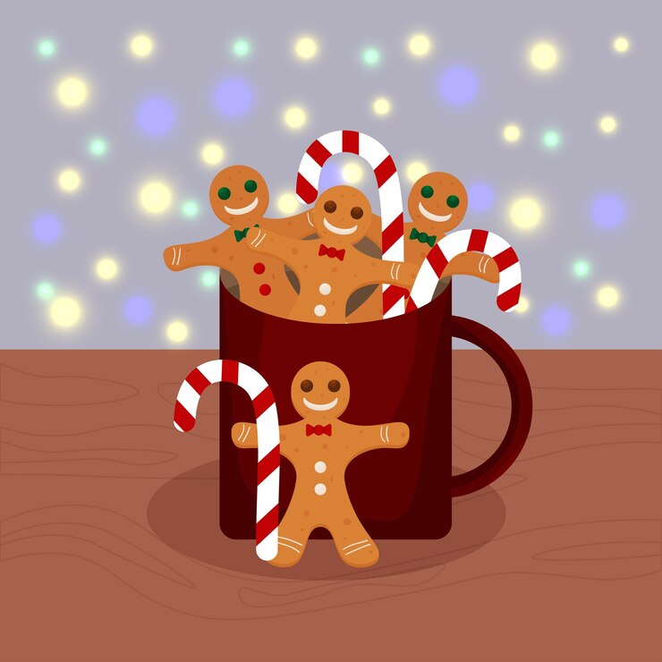 Vector cup hot chocolate cocoa gingerbread sweets lollipop christmas winter hot drink vector illustration