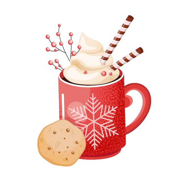 A cup of hot chocolate red mug of cocoa with cookies