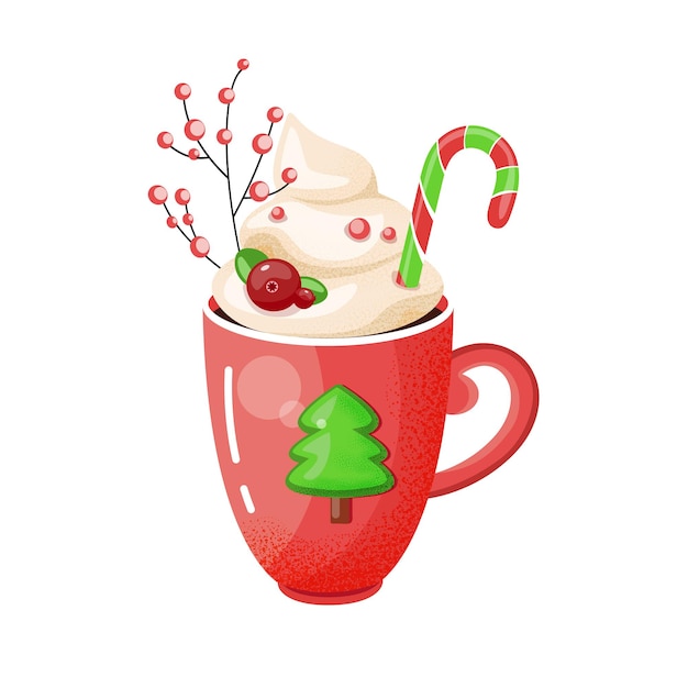 Vector cup of hot chocolate with green spruce christmas drink red mug