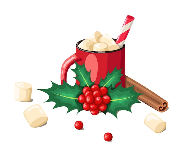 A cup of hot chocolate with marshmallows, cinnamon and holly berries. vector illustration