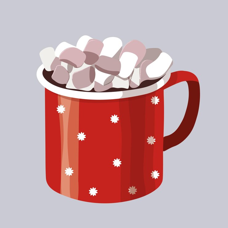 Vector a cup of hot chocolate with marshmallows, red color with an ornament in the form of snowflakes.