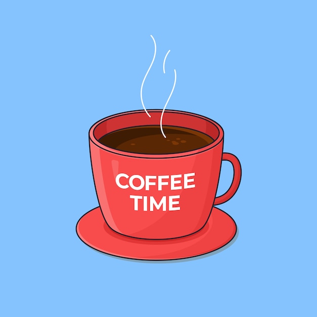 Чашка горячего кофе с текстом времени кофе на дизайне иллюстрации контура стеклянной кружки