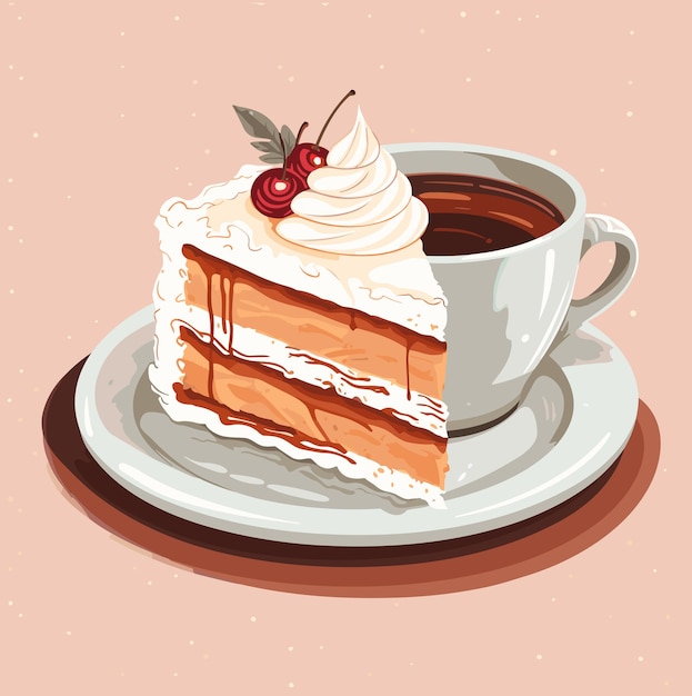 Cup of a hot coffee with a tasty delicious peace of a bithday cake Isolated vector in cartoon style