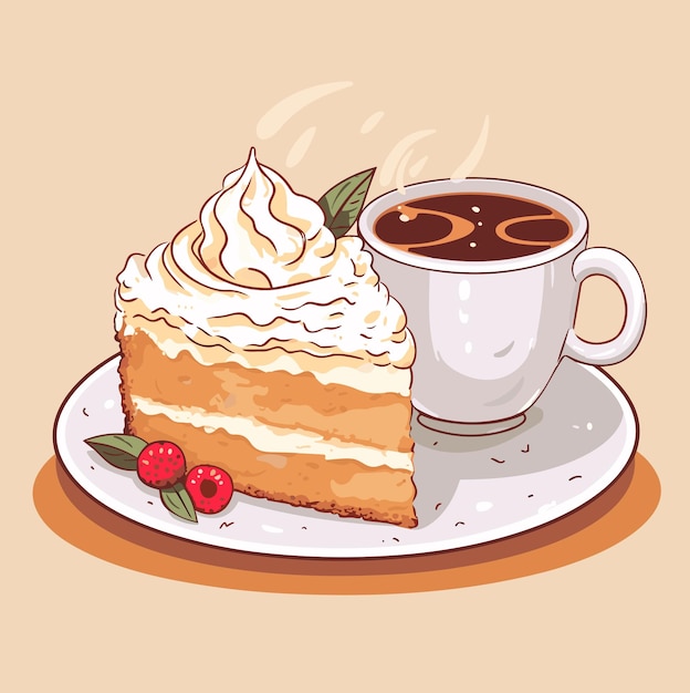 맛있는 맛있는 평화와 함께 뜨거운 커피 한 잔의 생일 케이크 만화 스타일의 고립 된 터