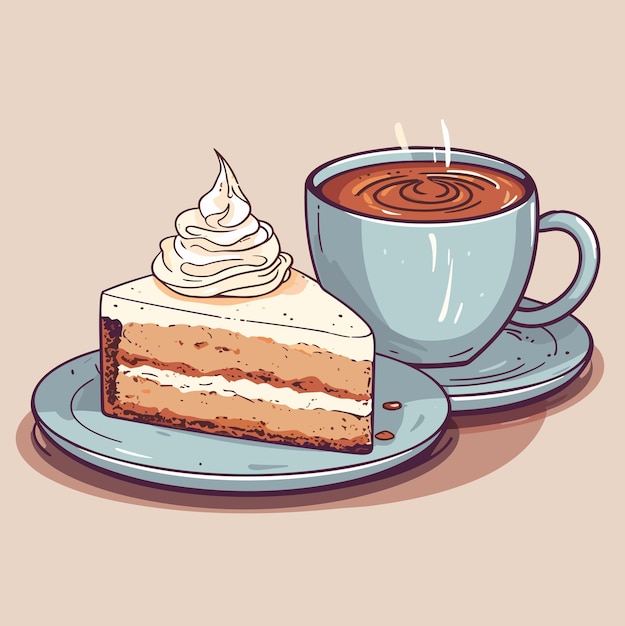 Cup of a hot coffee with a tasty delicious peace of a bithday cake Isolated vector in cartoon style