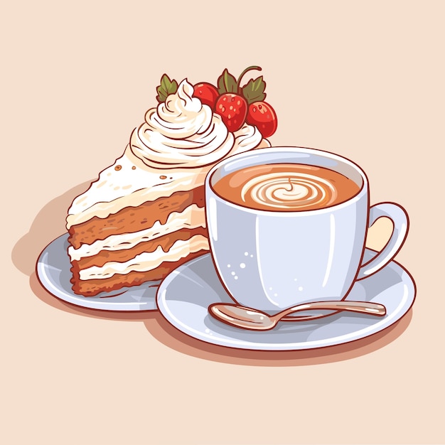 Cup of a hot coffee with a tasty delicious peace of a bithday cake Isolated vector in cartoon style