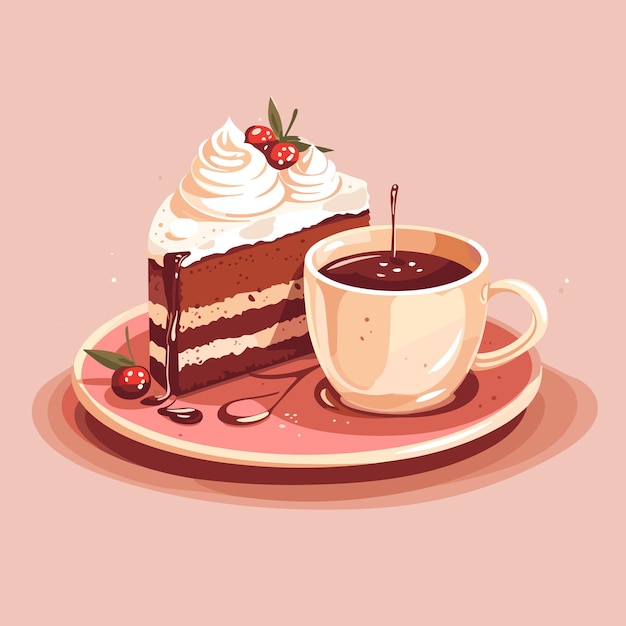 Vector cup of a hot coffee with a tasty delicious peace of a bithday cake isolated vector in cartoon style