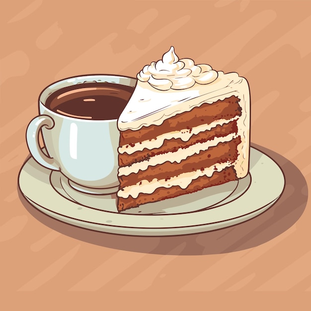 Cup of a hot coffee with a tasty delicious peace of a bithday cake isolated vector in cartoon style