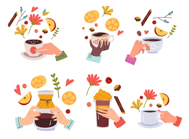 Vector cup hot drink coffee tea in hand arms isolated set flat graphic design illustration