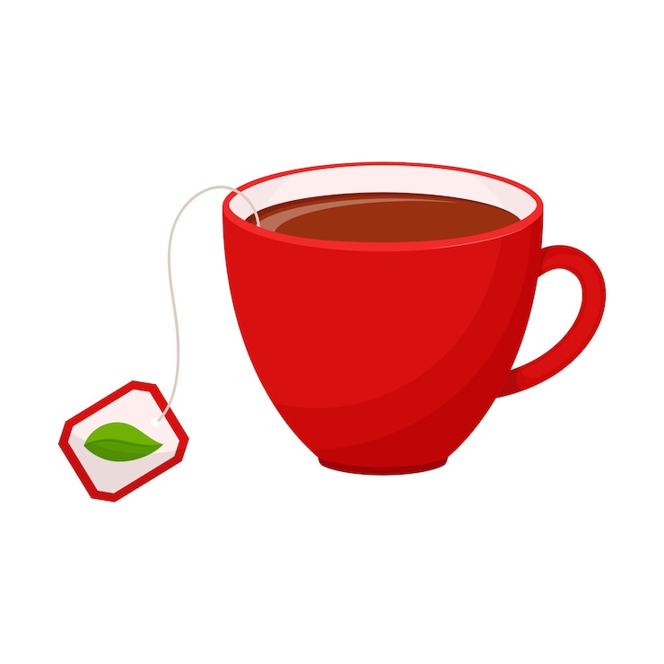 Vector cup of hot tea with a label from a teabag with a leaf on it an invigorating drink in a red mug