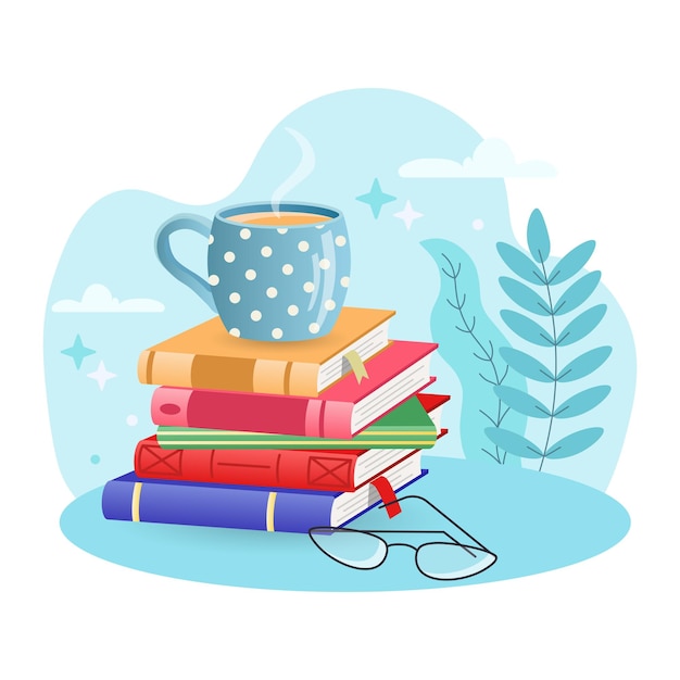 Vector cup illustration coffee glasses books bookmark editable