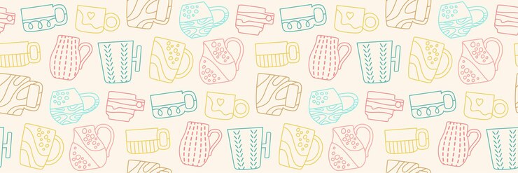 Vector cup mug trendy doodle seamless pattern contour wallpaper tableware ornament repeat texture vector