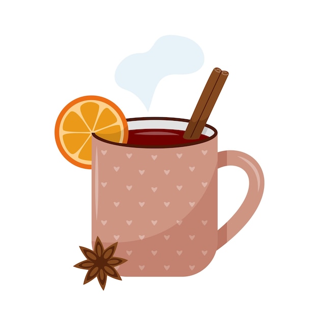 A cup of mulled wine with orange star anise and a cinnamon Pink mug with hearts