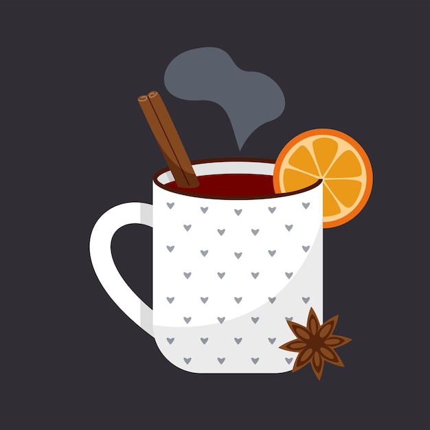 A cup of mulled wine with orange star anise and a cinnamon White mug with hearts