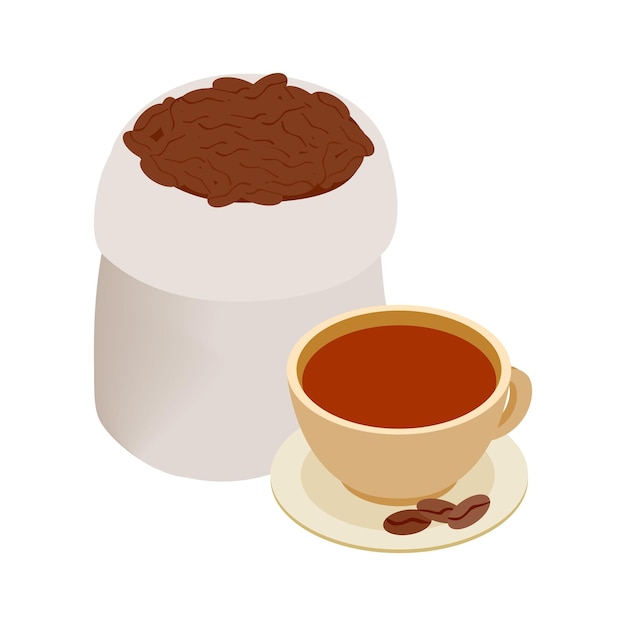 Вектор Иконка чашки кофе и кофейных зерен в изометрическом 3d стиле на белом фоне