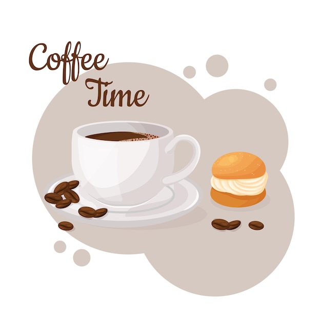ベクトル 一杯のコーヒーとセムラ スウェーデンのホイップ クリーム パン。コーヒー タイムのコンセプトです。孤立した手描きの背景。