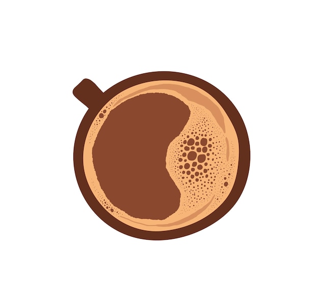 뜨거운 신선한 에스프레소 또는 아메리카노 한잔. 위에 거품이 있는 갈색 아랍어 커피 머그입니다. 흰색 배경에 고립 된 코코아의 색된 평면 벡터 일러스트 레이 션.