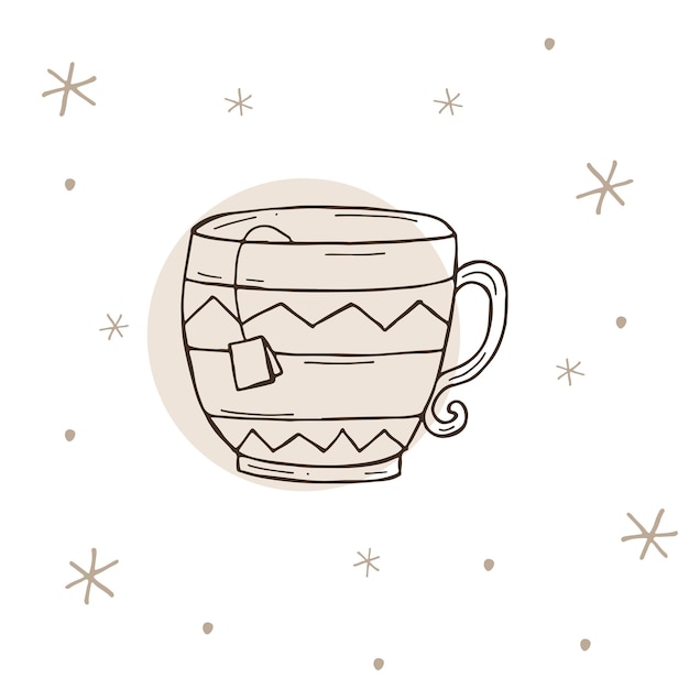 白と茶色の背景に雪片とお茶のカップ落書きスタイルのベクトルイラスト冬の気分こんにちは2023年メリークリスマスと新年あけましておめでとうございます