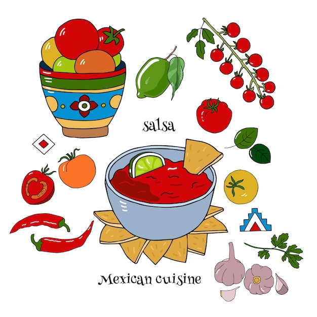 Vector a cup of salsa with a slice of lime and a mexican-style patterned cup with tomatoes