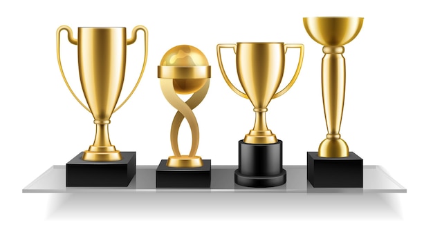 Vector cup on shelf trophy golden cup awards on glass shelves competitions winner awards championship and business achievement metallic prize vector leadership and success realistic isolated illustration