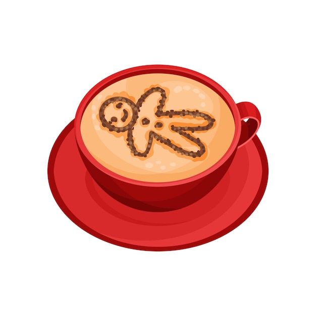 Cup of tasty coffee with drawing of gingerbread man on foam made of cinnamon powder top view Bright red mug of aromatic cappuccino on saucer Hot drink Isolated vector illustration in flat style