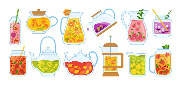 Vettore insieme del fumetto di tazza di tè e cocktail. teiera tazza da tè ed erbe aromatiche, frutta, bevande.