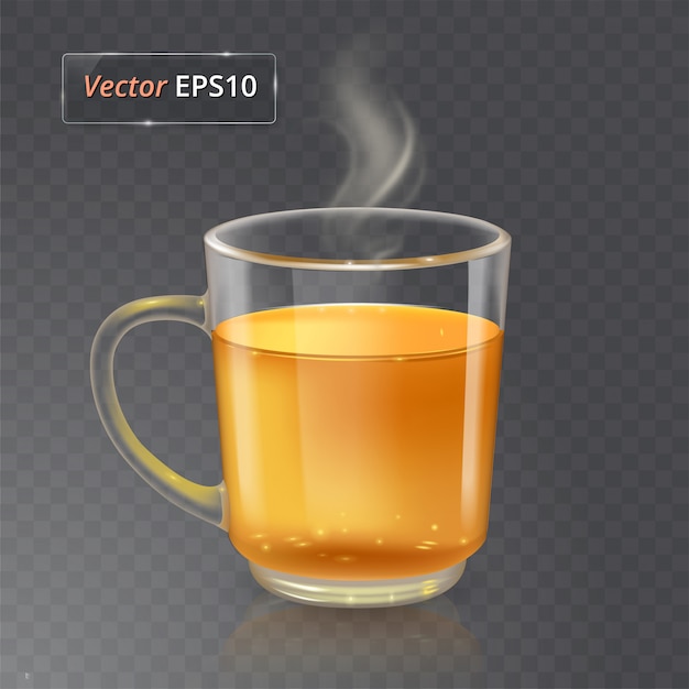 Vector cup for tea or coffee. glass transparent cup  on transparent background with realistic smoke.