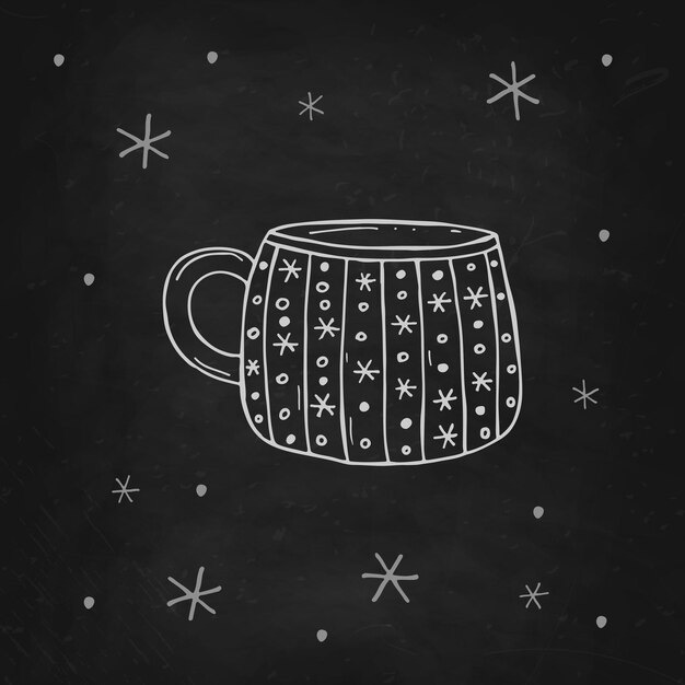 Cup of tea or coffee with a snowflakes on a black chalk board vector illustration in doodle style winter mood hello 2023 merry christmas and happy new year