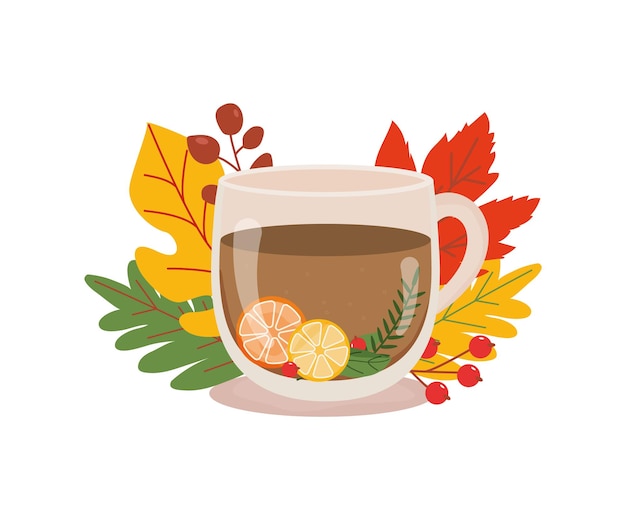 Cup of tea decorated with autumn leaves Herbal tea Hot autumn drink in transparent cup