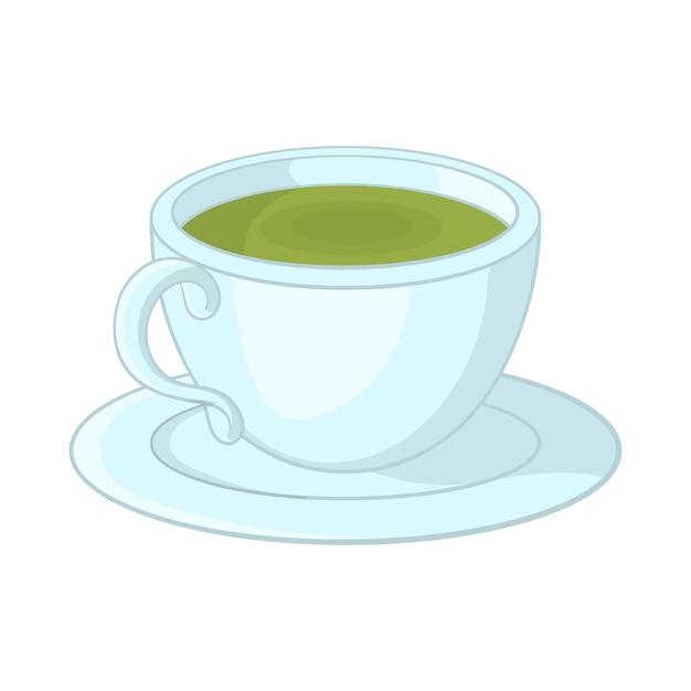 A cup of tea icon in cartoon style on a white background