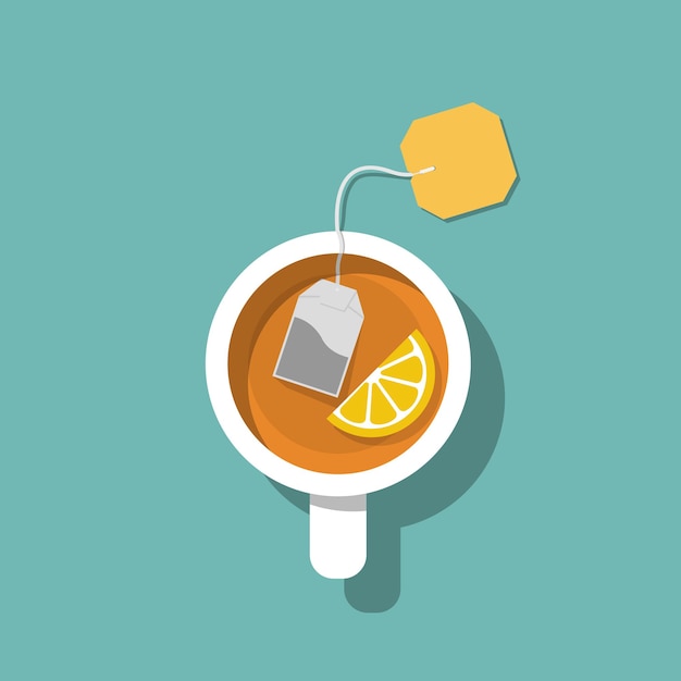 Vector cup of tea isolated on background. brewed bag tea with lemon. time relax. vector illustration flat design. hot drink in a white mug in a cold season.