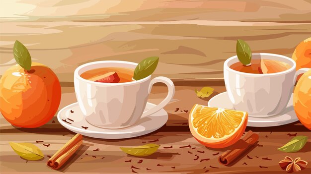 Vector a cup of tea and oranges with a slice of orange on the side