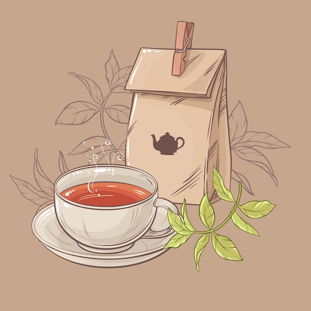 Cup of tea and paper packaging on brown background