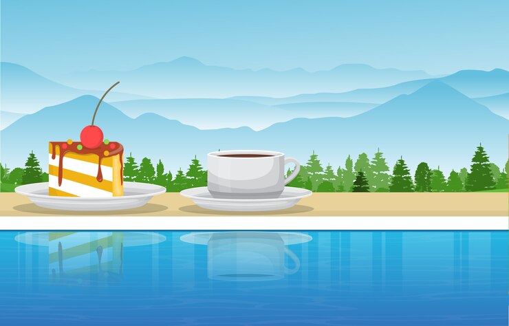 Vector a cup of tea and snack by pool in mountain nature view illustration