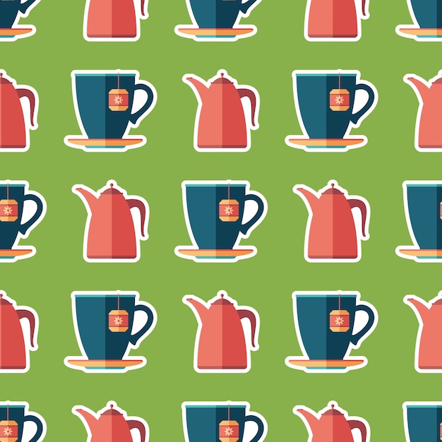 Vector cup of tea and teapot flat art seamless pattern.