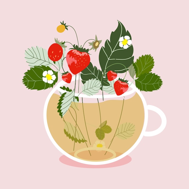 Чашка чая с цветами и ягодами. Модная ручная рисованная векторная иллюстрация наполненной чашки