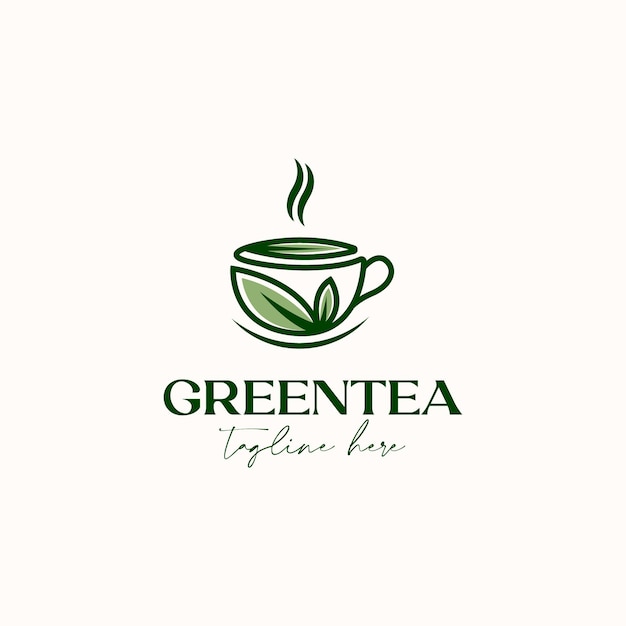 Vector cup tea with green leaf green tea logo template isolated in white background