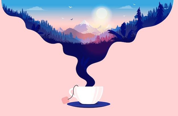 Vettore tazza di tè con vapore caldo che forma un bellissimo paesaggio con l'alba