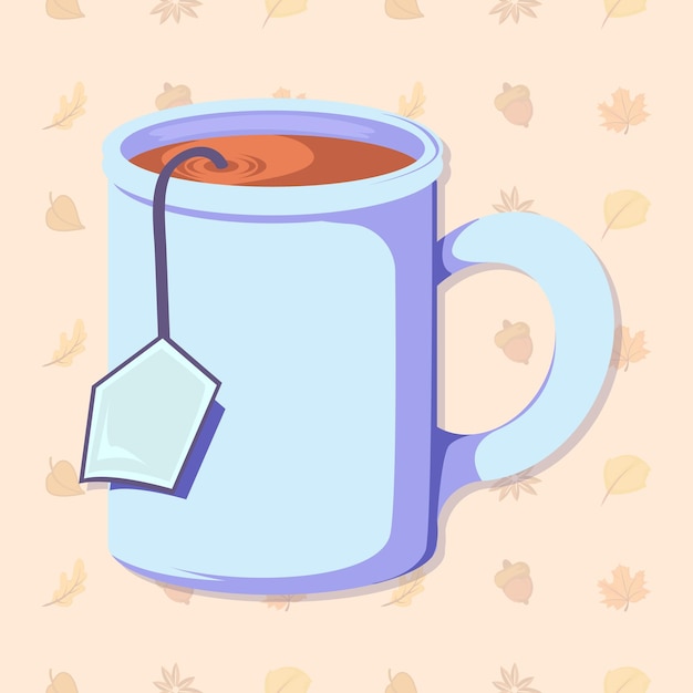 A cup of tea with paper and tea bag string illustration with autumn element background