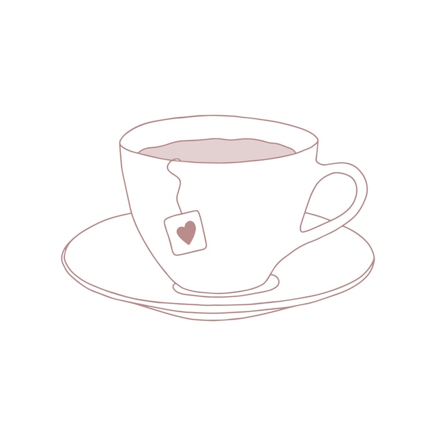 Vector a cup of tea with a saucer. illustration in pink and white. line drawing.