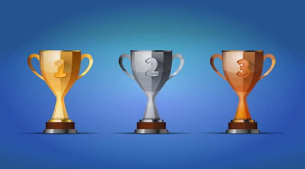 Cup of winners award for first, second and third winners position on a blue background