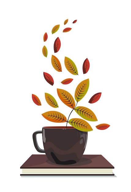 A cup with autumn leaves and aroma stands on a book Vector illustration Autumn symbol