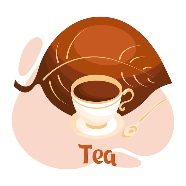 A cup with black tea on a saucer, a spoon and a tea leaf. Illustration, print, vector