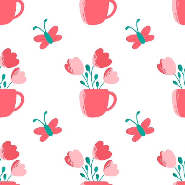 Cup with flowers and butterfly on the cute seamless summer pattern Vector illustration in pink color