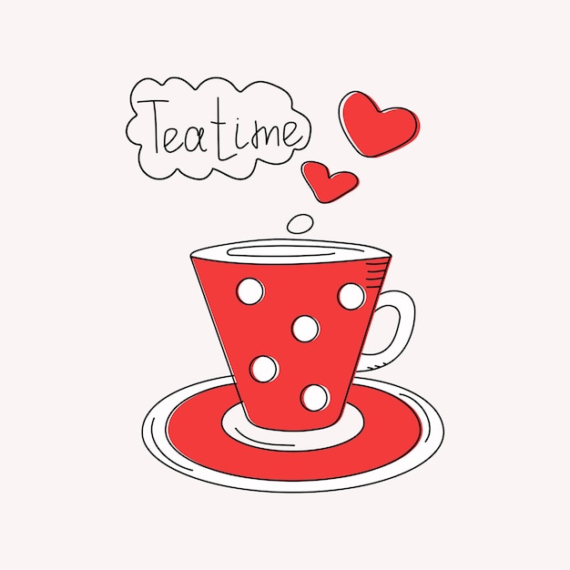 Vector cup with hot coffee tea hearts valentine's day drinks utensils inscription calligraphy tea time