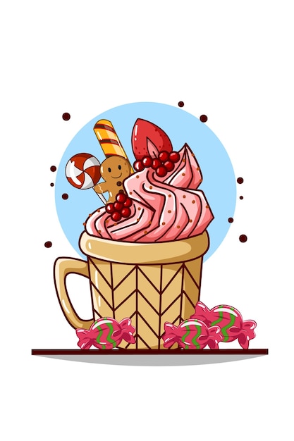 Vector a cup with ice cream and christmas candy, biscuit and strawberry