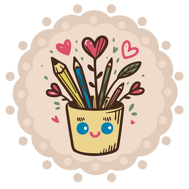 벡터 cup with pencils and hearts simple vector illustration for postcard on beige background