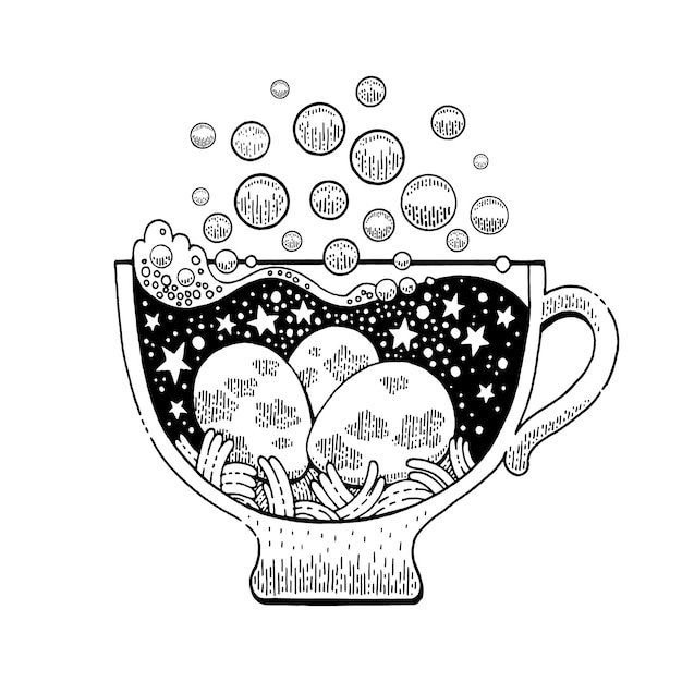 Чашка с зельем Ведьма волшебная стеклянная чашка Винтажный мистический логотип с парфюмерным эликсиром яд арканум Эскиз научной иконы Выгравированное аптечное искусство Медицина небесное колдовство Современное зелье с яйцом